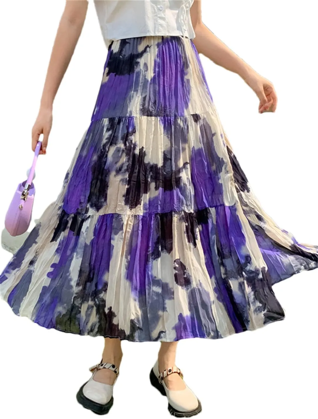 Vintage Slit Chiffon Skirt Women Spring Summer Contrast Print High Waist Pleated Midi Skirt