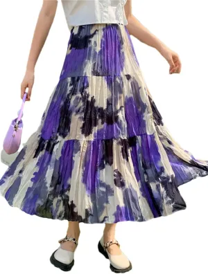 Vintage Slit Chiffon Skirt Women Spring Summer Contrast Print High Waist Pleated Midi Skirt