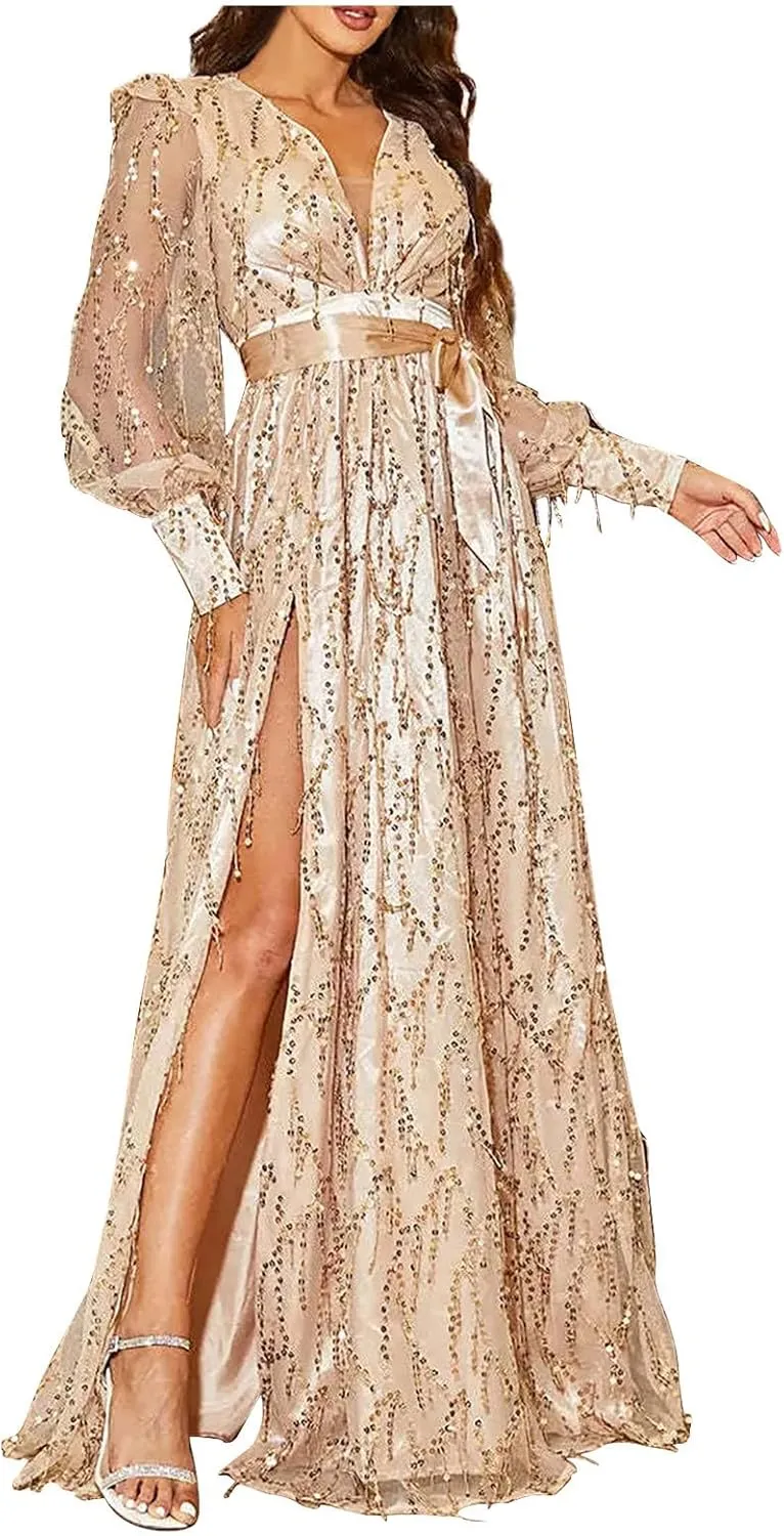 Wedding Guest Dresses for Women, Cocktail Dress, Sparkly Glitter V-Neck Party Dress, High Split Chiffon Evening Dress