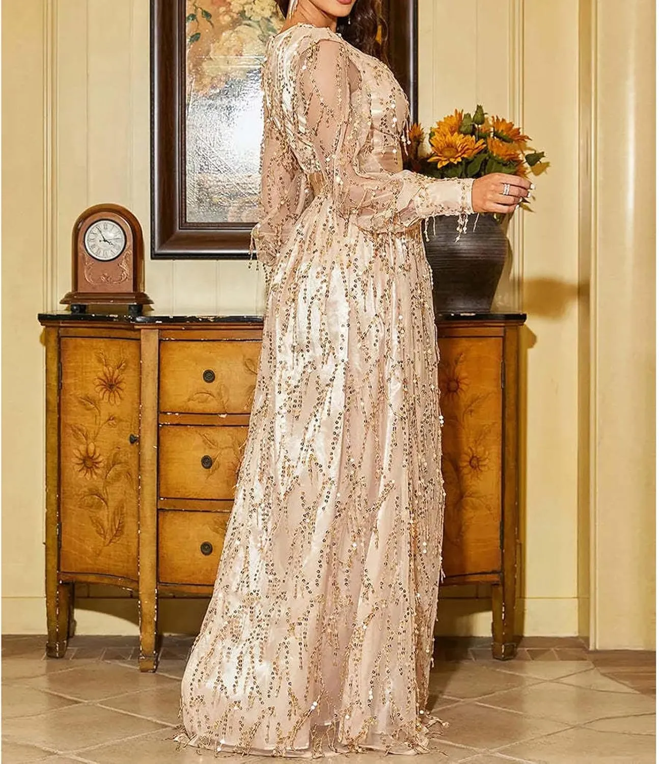 Wedding Guest Dresses for Women, Cocktail Dress, Sparkly Glitter V-Neck Party Dress, High Split Chiffon Evening Dress