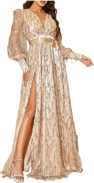 Wedding Guest Dresses for Women, Cocktail Dress, Sparkly Glitter V-Neck Party Dress, High Split Chiffon Evening Dress