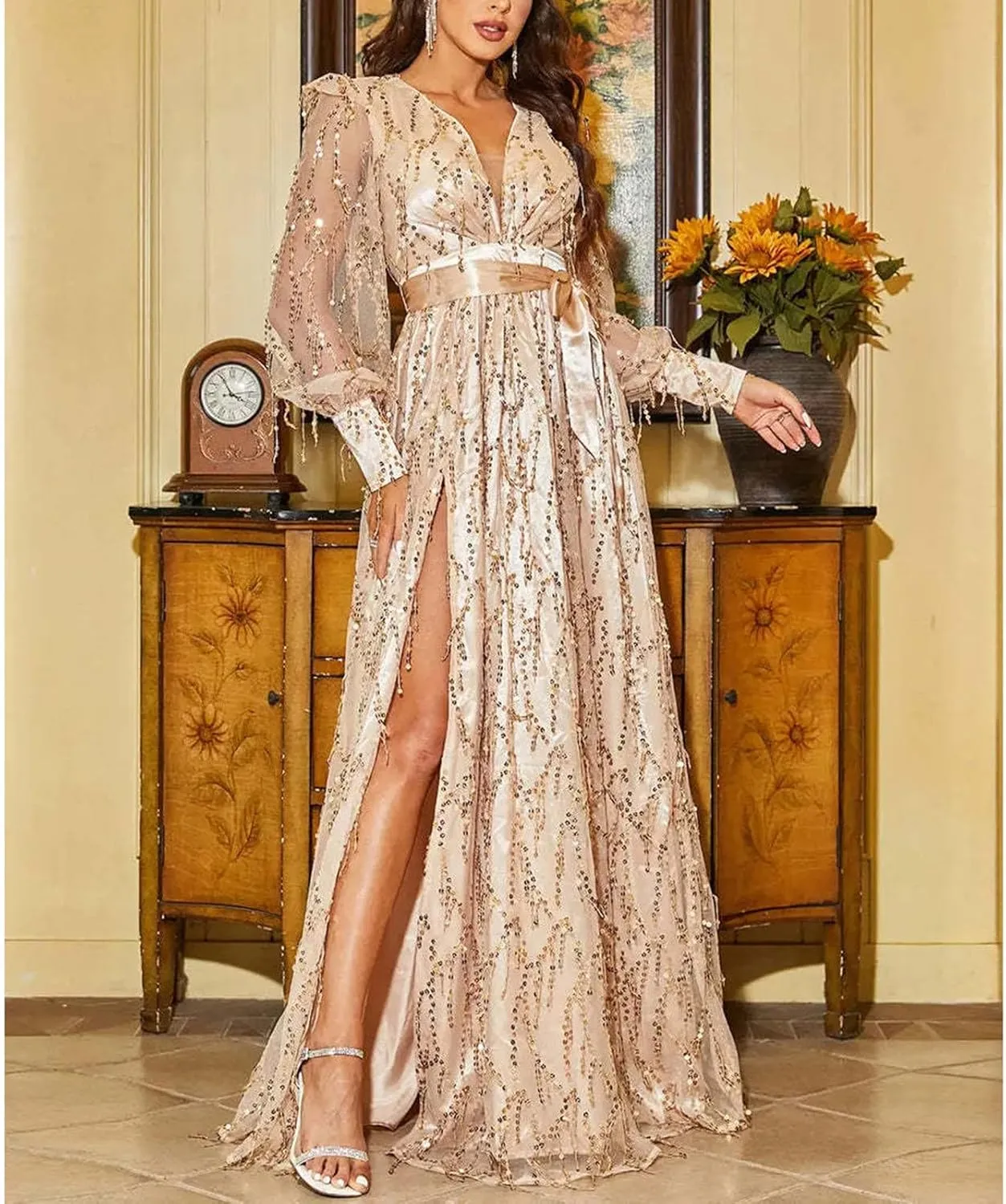 Wedding Guest Dresses for Women, Cocktail Dress, Sparkly Glitter V-Neck Party Dress, High Split Chiffon Evening Dress