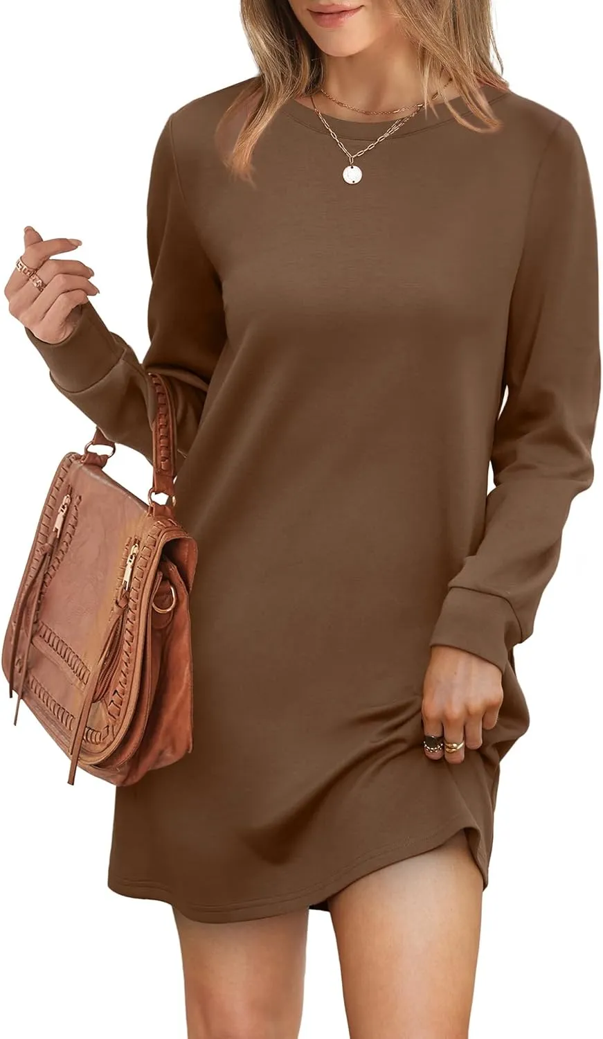 WIHOLL Dresses for Women Long Sleeve Casual Loose Fit Fall Fashion Crewneck Mini Dress with Pockets