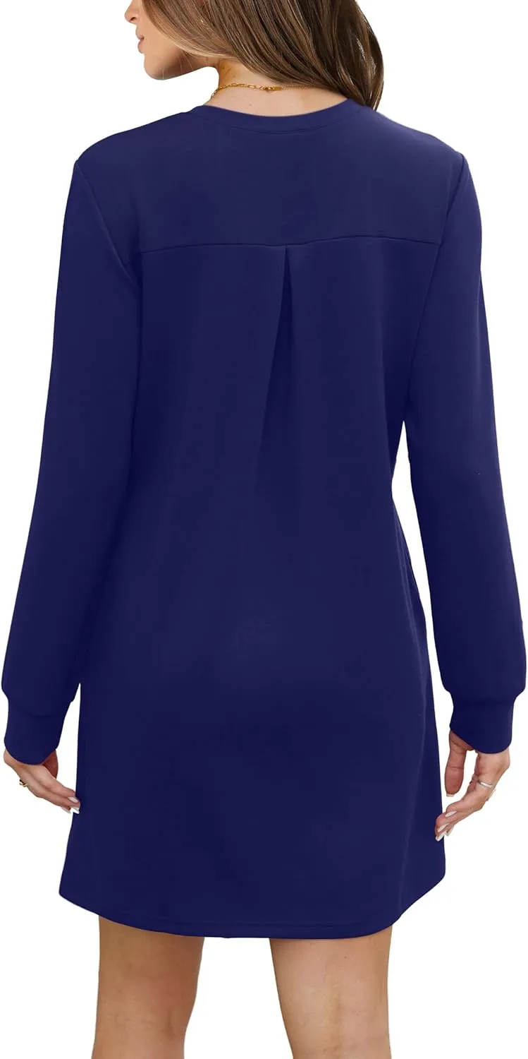 WIHOLL Dresses for Women Long Sleeve Casual Loose Fit Fall Fashion Crewneck Mini Dress with Pockets