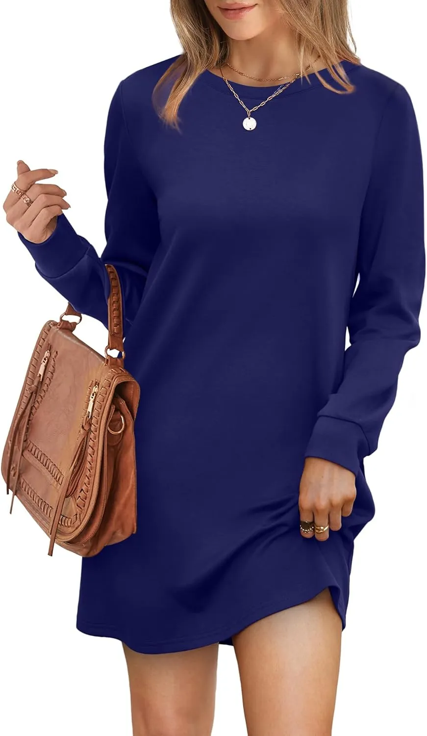 WIHOLL Dresses for Women Long Sleeve Casual Loose Fit Fall Fashion Crewneck Mini Dress with Pockets
