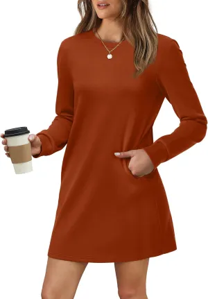 WIHOLL Dresses for Women Long Sleeve Casual Loose Fit Fall Fashion Crewneck Mini Dress with Pockets