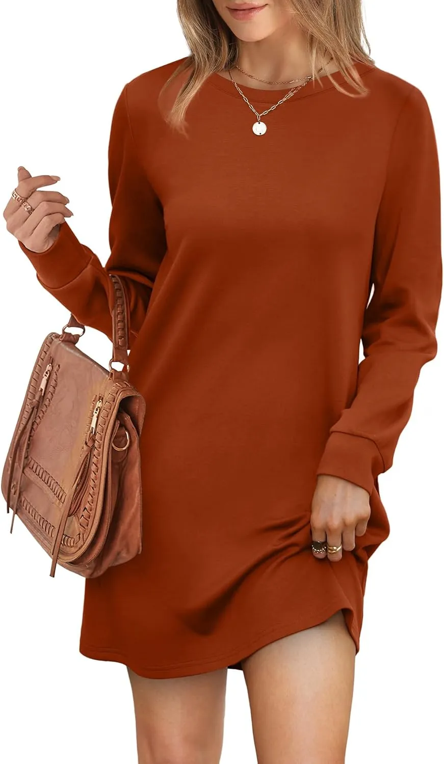 WIHOLL Dresses for Women Long Sleeve Casual Loose Fit Fall Fashion Crewneck Mini Dress with Pockets