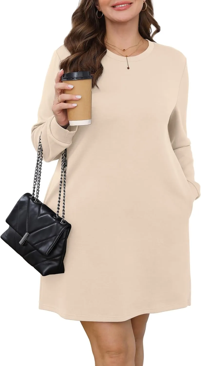 WIHOLL Dresses for Women Long Sleeve Casual Loose Fit Fall Fashion Crewneck Mini Dress with Pockets