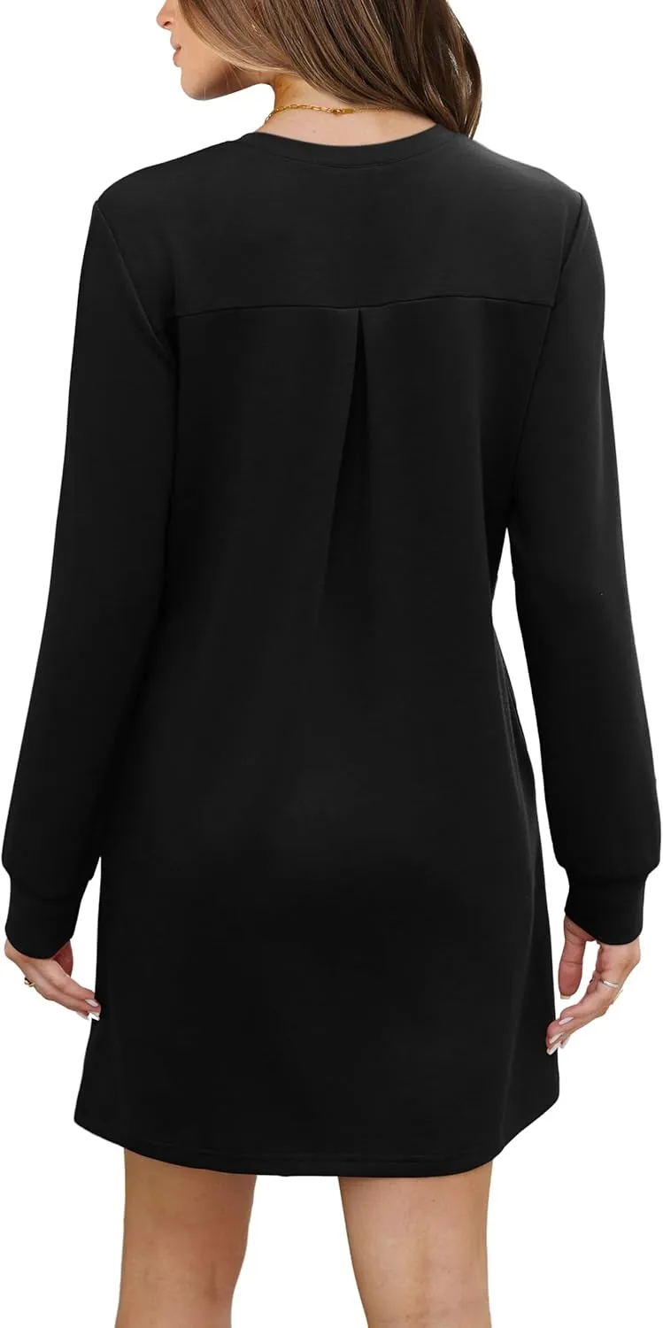 WIHOLL Dresses for Women Long Sleeve Casual Loose Fit Fall Fashion Crewneck Mini Dress with Pockets