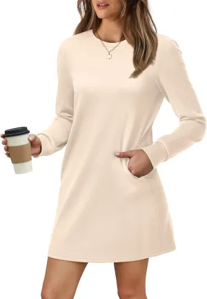 WIHOLL Dresses for Women Long Sleeve Casual Loose Fit Fall Fashion Crewneck Mini Dress with Pockets