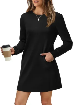 WIHOLL Dresses for Women Long Sleeve Casual Loose Fit Fall Fashion Crewneck Mini Dress with Pockets