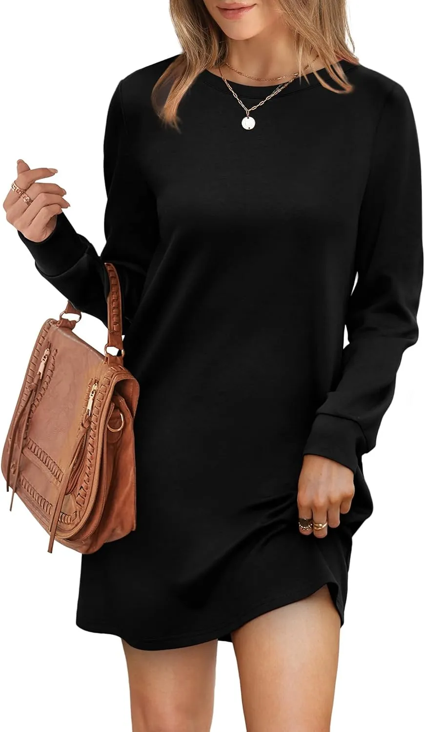 WIHOLL Dresses for Women Long Sleeve Casual Loose Fit Fall Fashion Crewneck Mini Dress with Pockets