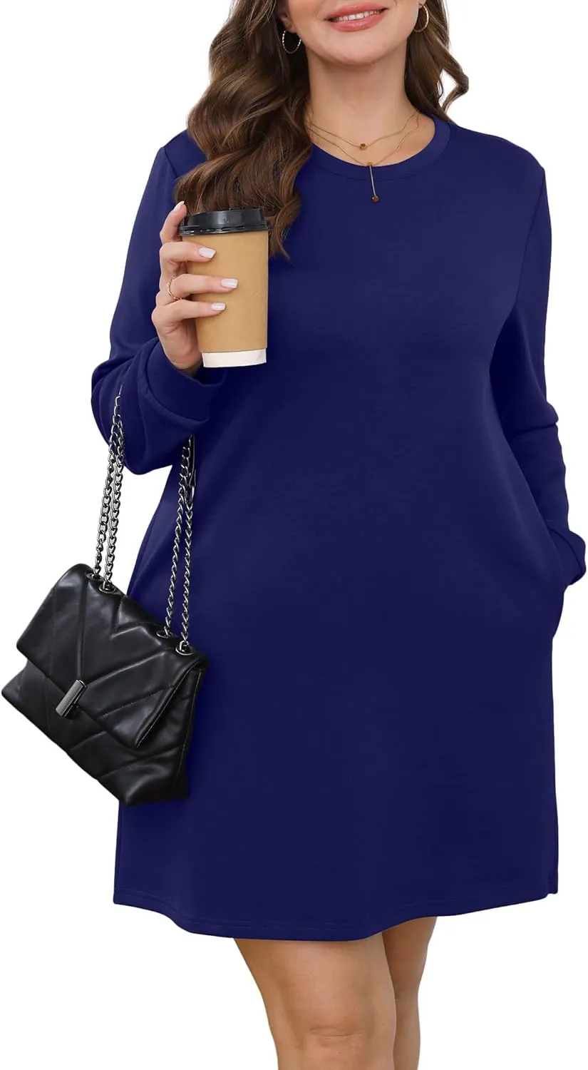 WIHOLL Dresses for Women Long Sleeve Casual Loose Fit Fall Fashion Crewneck Mini Dress with Pockets