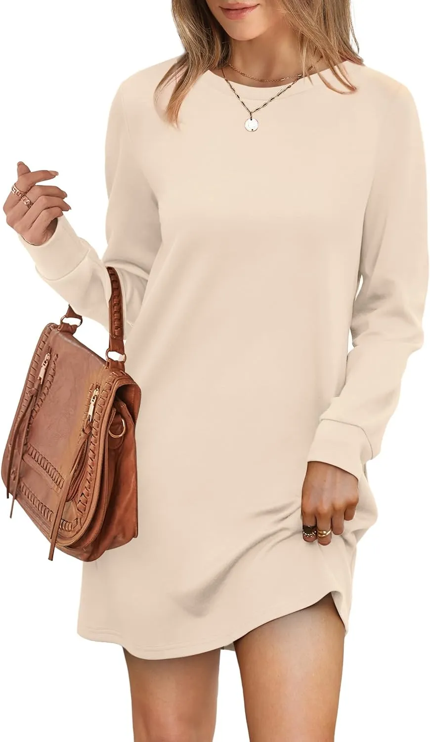 WIHOLL Dresses for Women Long Sleeve Casual Loose Fit Fall Fashion Crewneck Mini Dress with Pockets