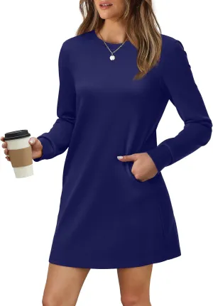 WIHOLL Dresses for Women Long Sleeve Casual Loose Fit Fall Fashion Crewneck Mini Dress with Pockets