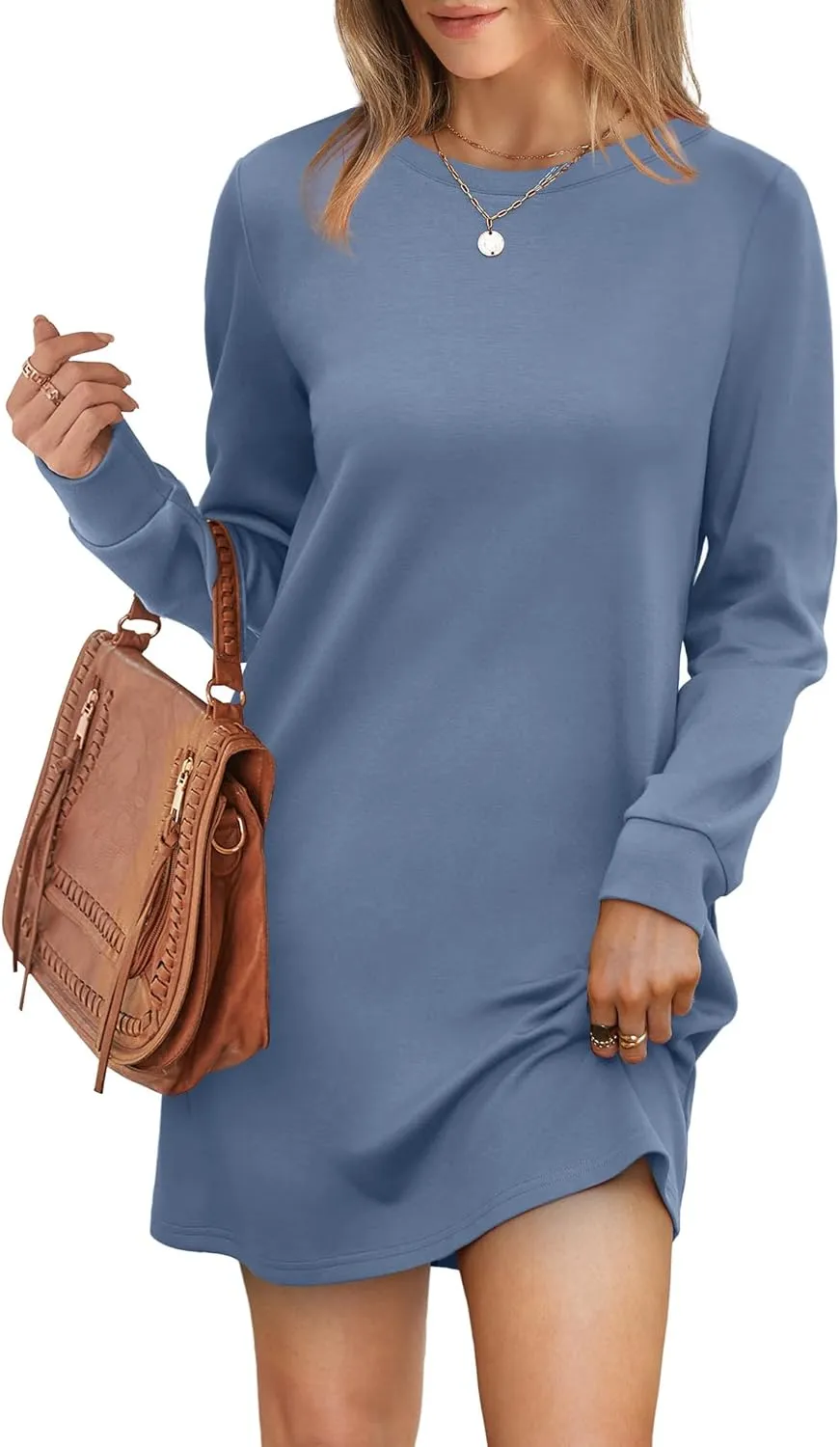 WIHOLL Dresses for Women Long Sleeve Casual Loose Fit Fall Fashion Crewneck Mini Dress with Pockets