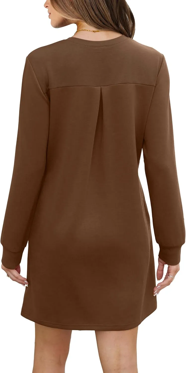 WIHOLL Dresses for Women Long Sleeve Casual Loose Fit Fall Fashion Crewneck Mini Dress with Pockets
