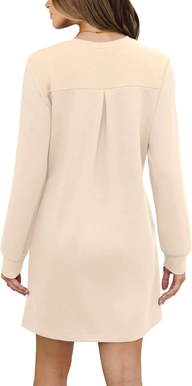 WIHOLL Dresses for Women Long Sleeve Casual Loose Fit Fall Fashion Crewneck Mini Dress with Pockets