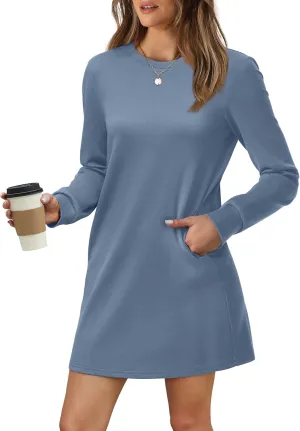 WIHOLL Dresses for Women Long Sleeve Casual Loose Fit Fall Fashion Crewneck Mini Dress with Pockets