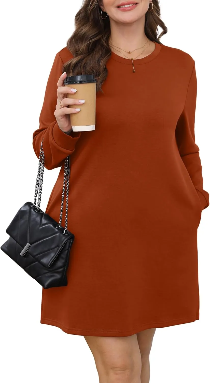 WIHOLL Dresses for Women Long Sleeve Casual Loose Fit Fall Fashion Crewneck Mini Dress with Pockets
