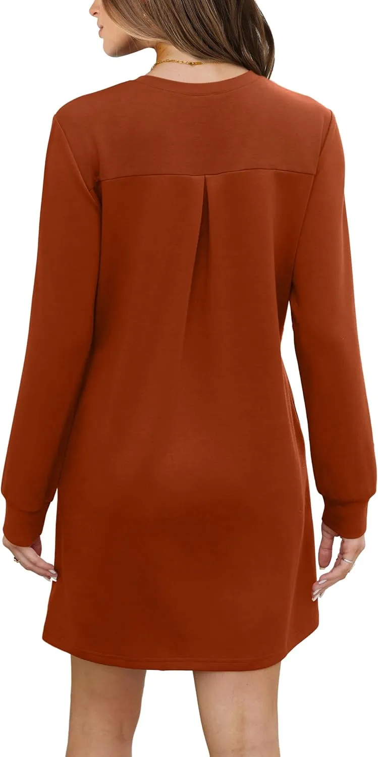 WIHOLL Dresses for Women Long Sleeve Casual Loose Fit Fall Fashion Crewneck Mini Dress with Pockets