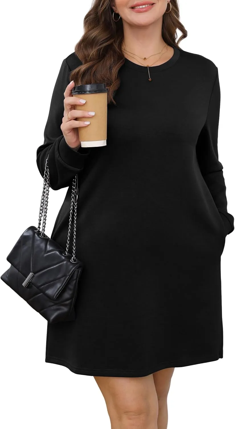 WIHOLL Dresses for Women Long Sleeve Casual Loose Fit Fall Fashion Crewneck Mini Dress with Pockets