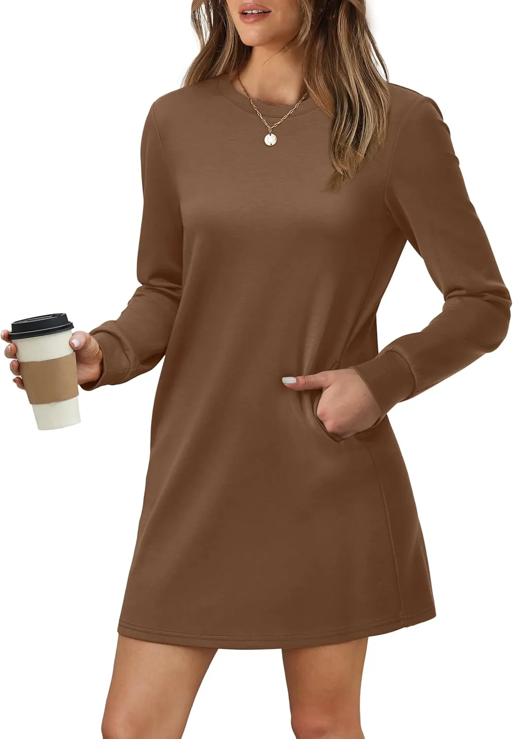 WIHOLL Dresses for Women Long Sleeve Casual Loose Fit Fall Fashion Crewneck Mini Dress with Pockets