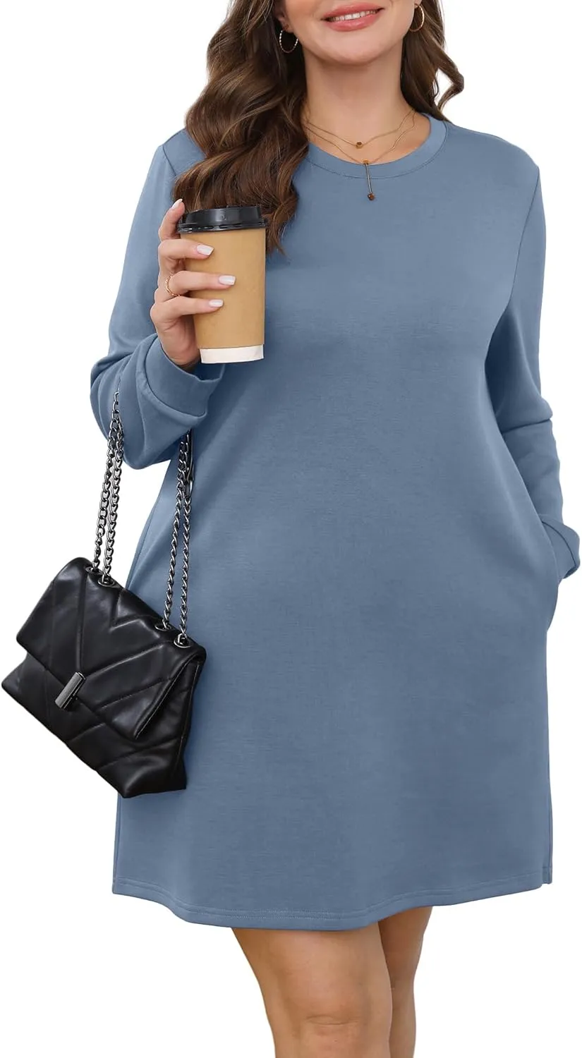 WIHOLL Dresses for Women Long Sleeve Casual Loose Fit Fall Fashion Crewneck Mini Dress with Pockets