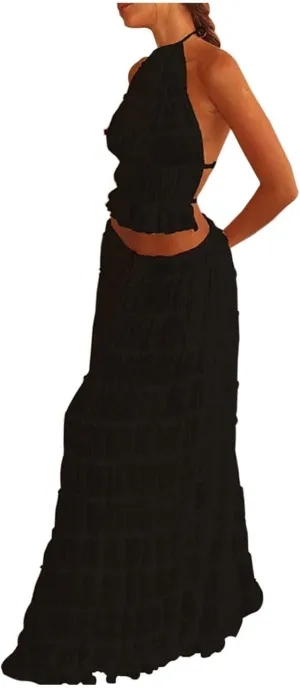 Women 2 Piece Outfits Sets Chiffon Pleated Maxi Skirt Set with Neck Crop Top Plus Size Dresses for Women (Black, S)