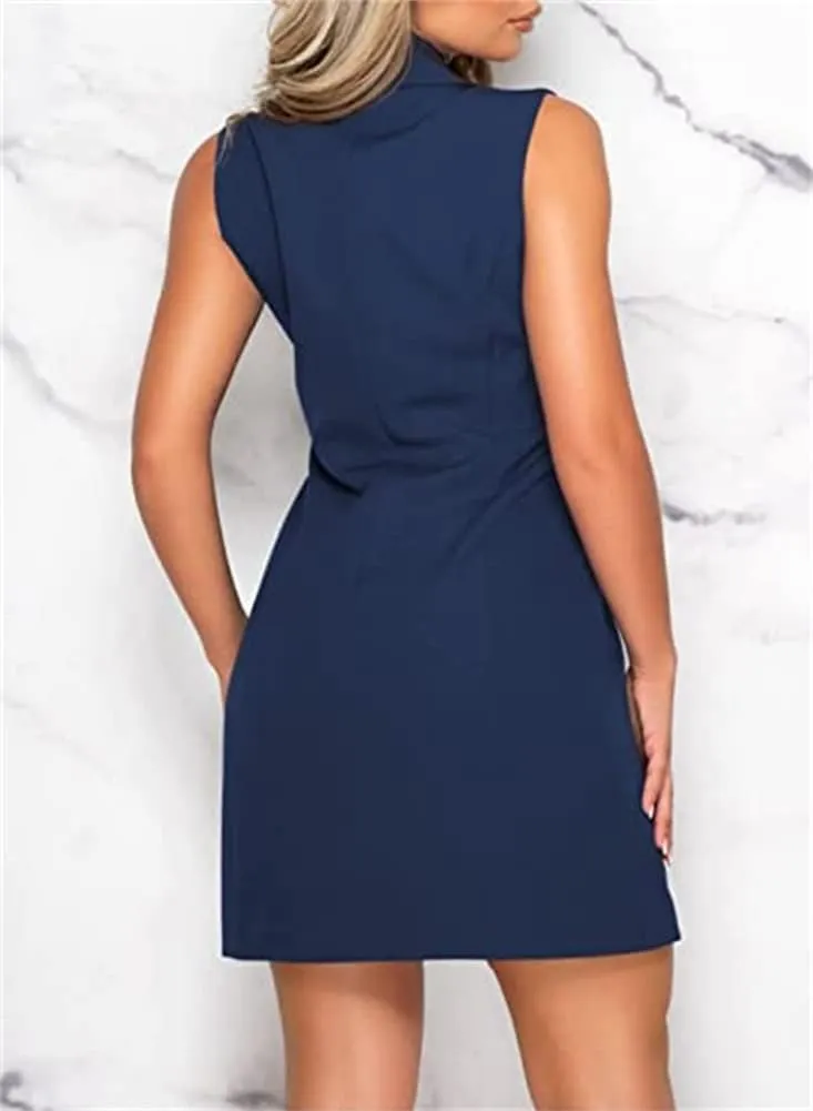 Women Blazer Dresses Elegant V-Neck Sleeveless Casual Work Office Double Breasted Blazer