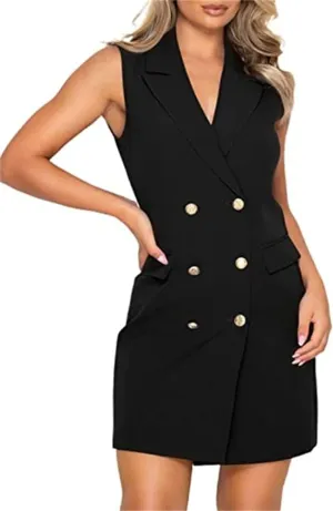 Women Blazer Dresses Elegant V-Neck Sleeveless Casual Work Office Double Breasted Blazer