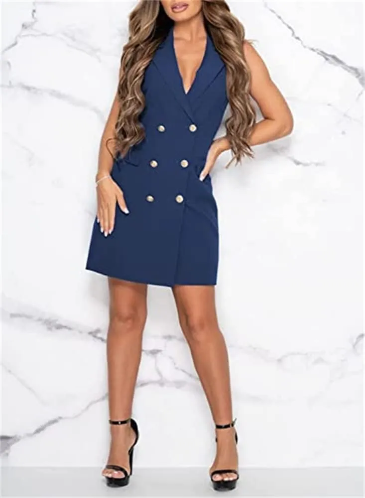 Women Blazer Dresses Elegant V-Neck Sleeveless Casual Work Office Double Breasted Blazer