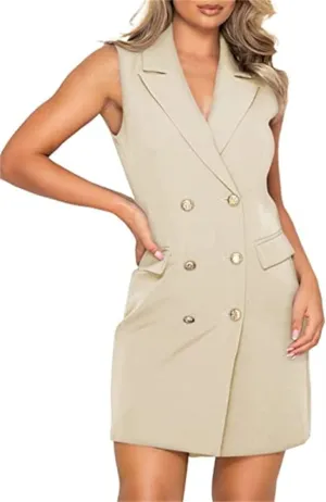 Women Blazer Dresses Elegant V-Neck Sleeveless Casual Work Office Double Breasted Blazer