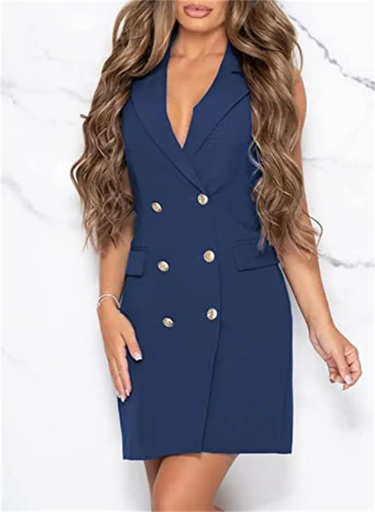 Women Blazer Dresses Elegant V-Neck Sleeveless Casual Work Office Double Breasted Blazer