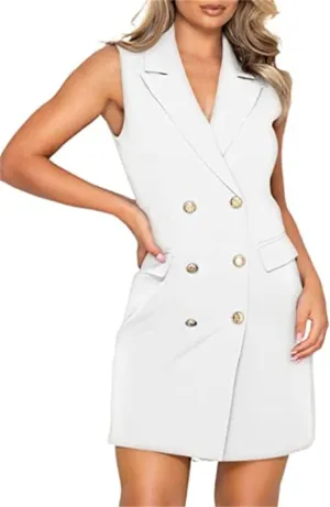 Women Blazer Dresses Elegant V-Neck Sleeveless Casual Work Office Double Breasted Blazer