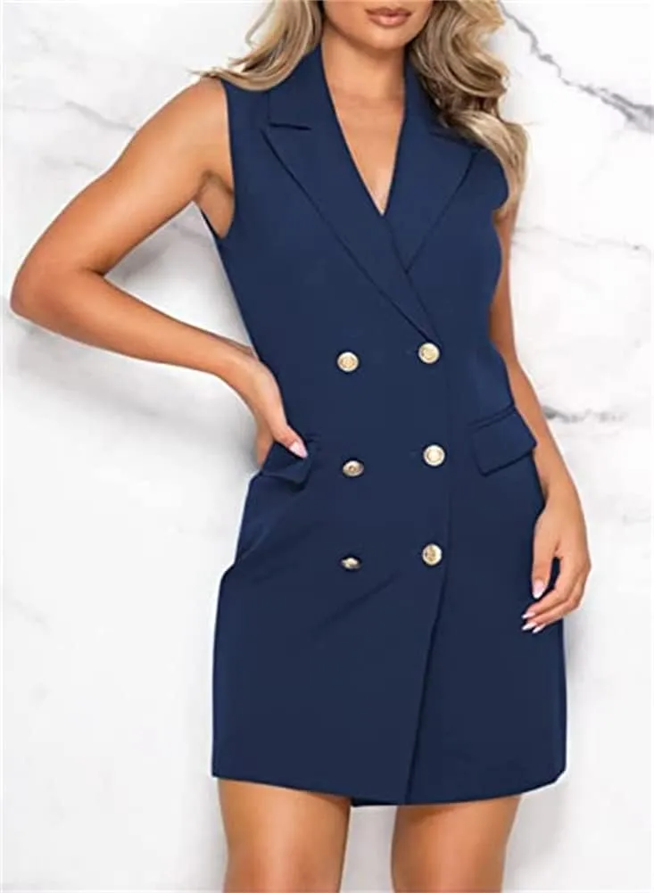 Women Blazer Dresses Elegant V-Neck Sleeveless Casual Work Office Double Breasted Blazer