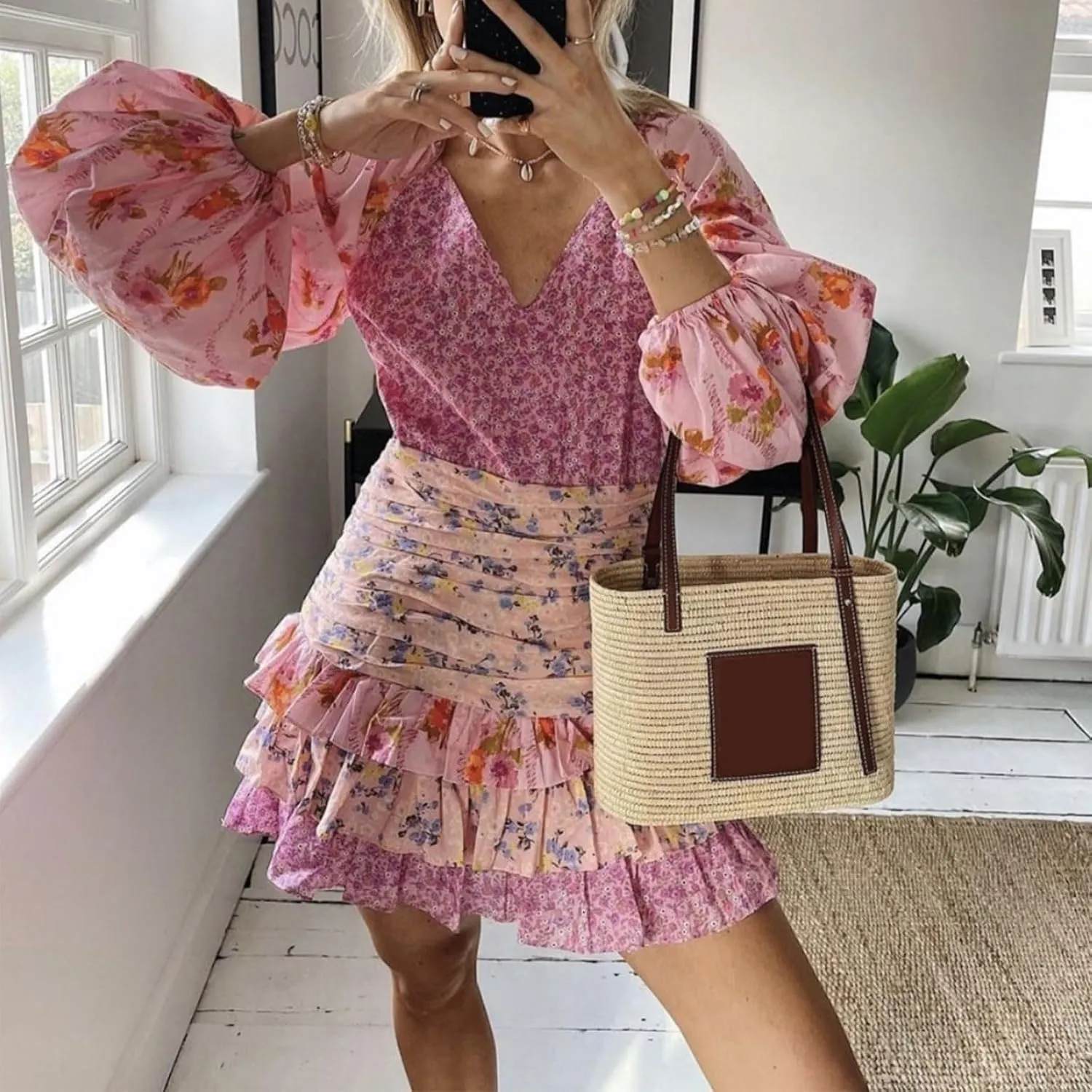 Women Casual Mini Dress Long Sleeve Floral Dress Layered Ruffle V-Neck Summer Dress Beach Sundress