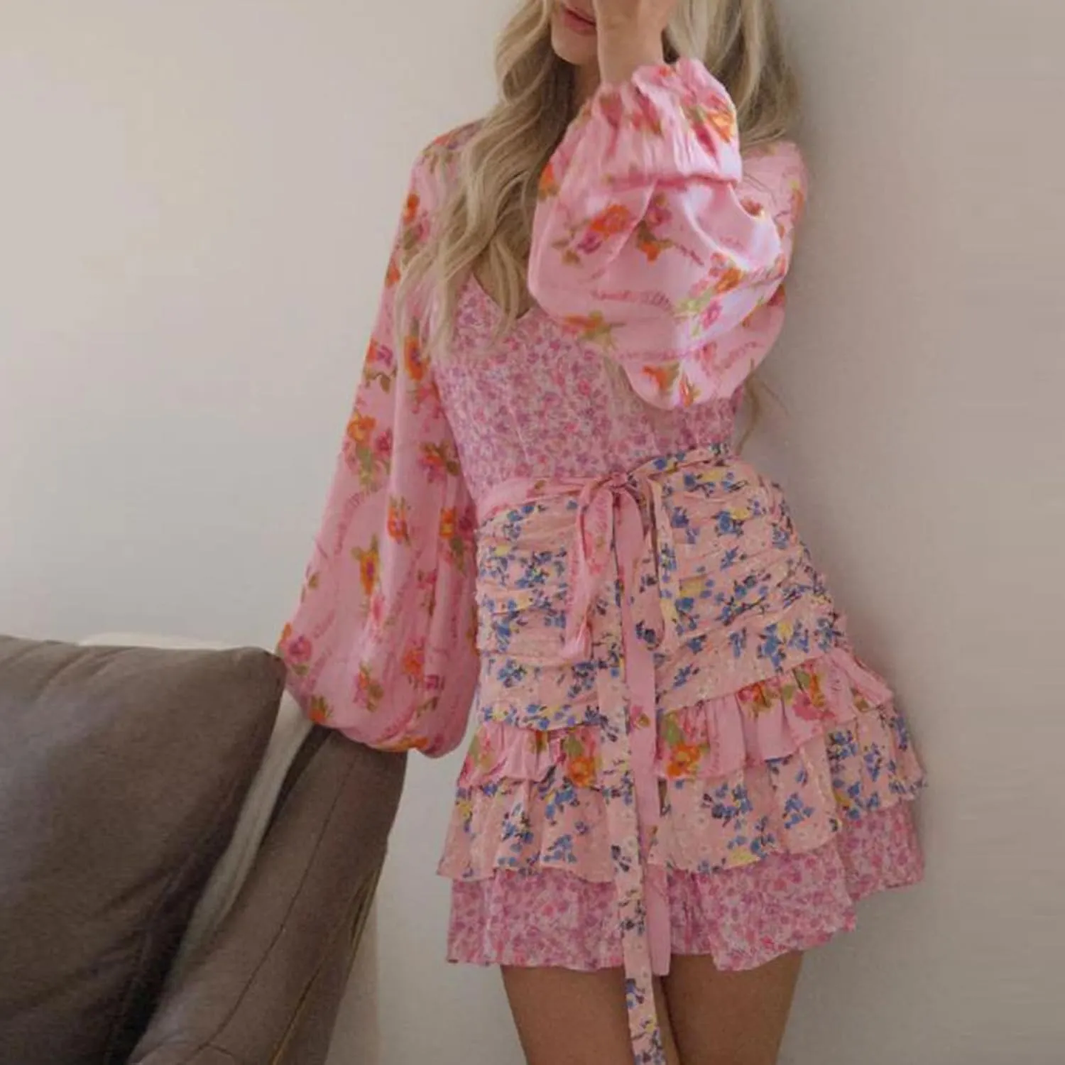 Women Casual Mini Dress Long Sleeve Floral Dress Layered Ruffle V-Neck Summer Dress Beach Sundress