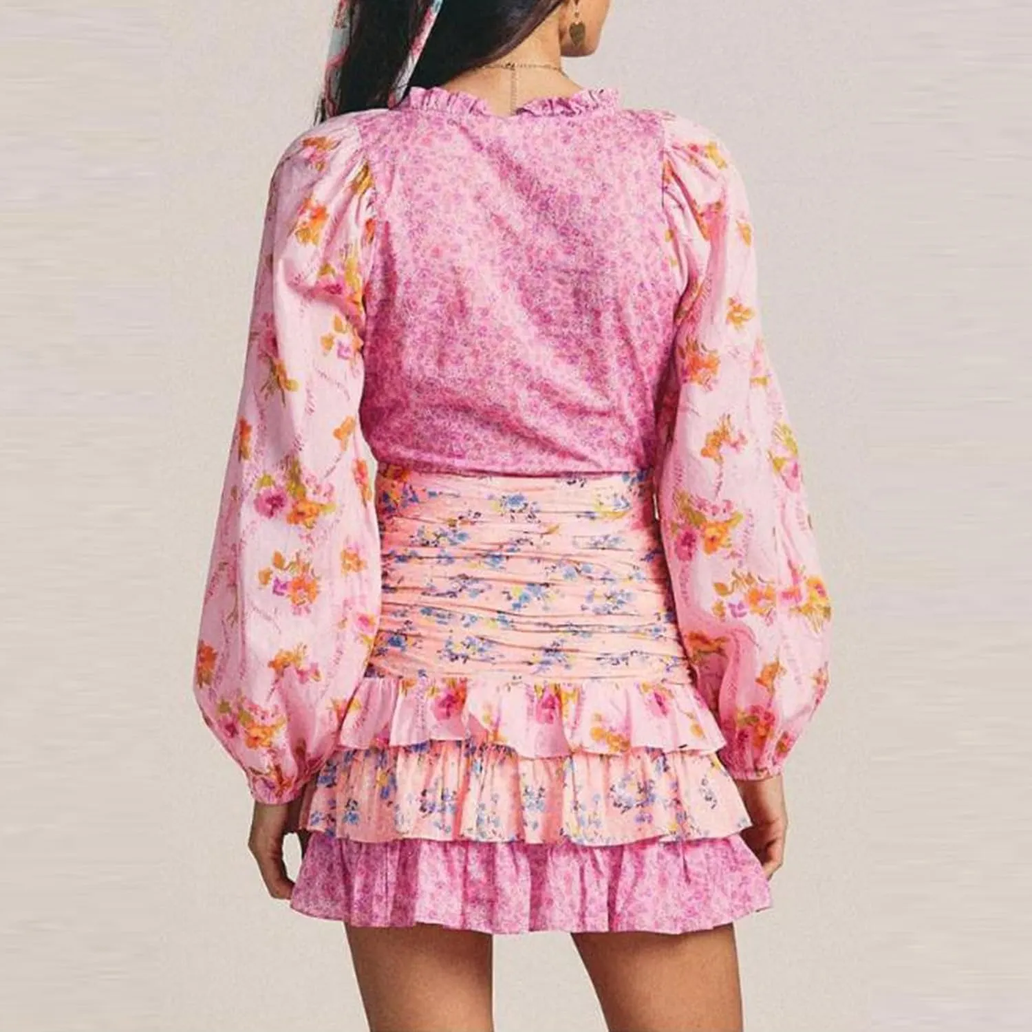 Women Casual Mini Dress Long Sleeve Floral Dress Layered Ruffle V-Neck Summer Dress Beach Sundress