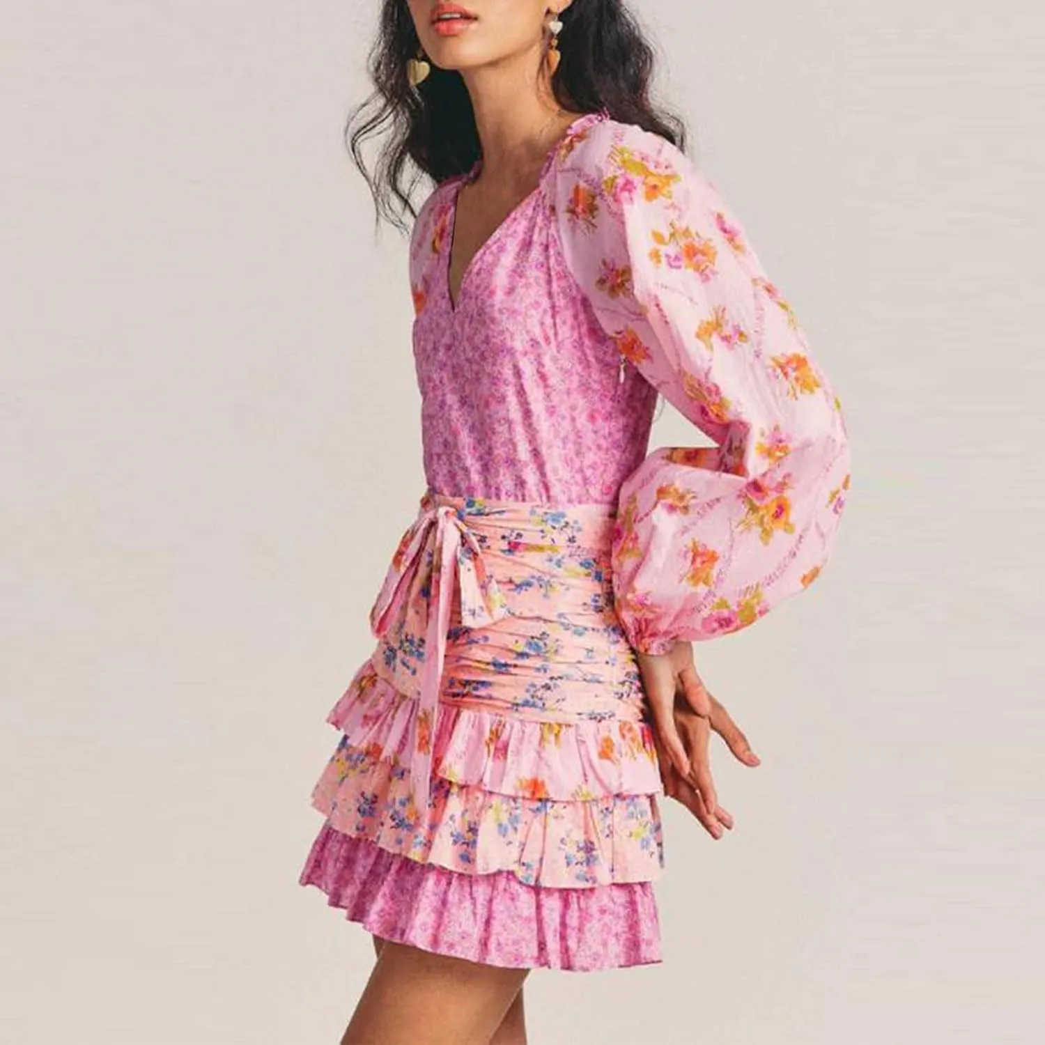 Women Casual Mini Dress Long Sleeve Floral Dress Layered Ruffle V-Neck Summer Dress Beach Sundress