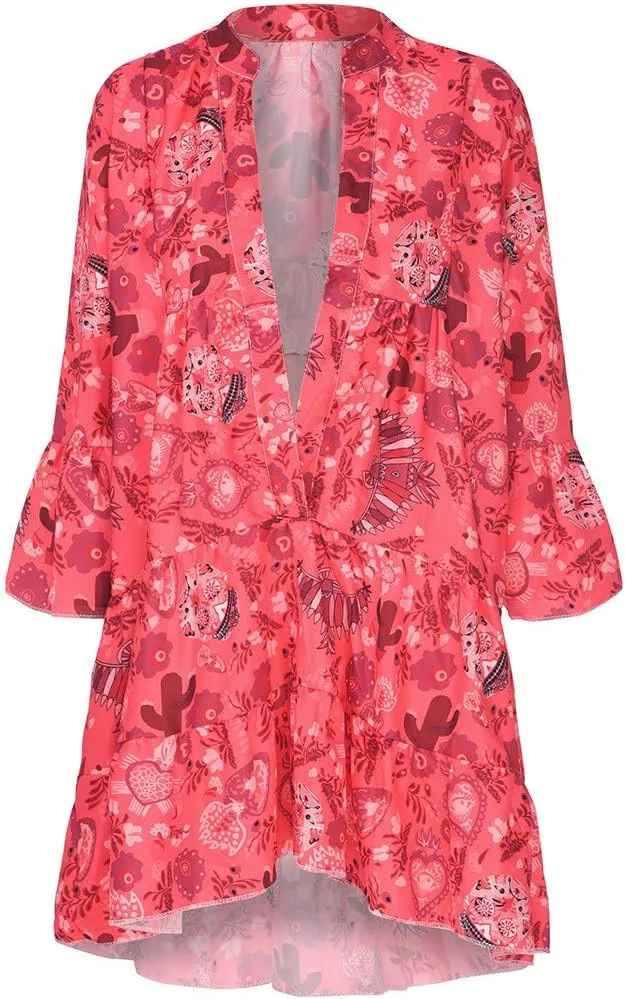 Women Casual Summer Sundress Midi Boho Floral Print Dresses Pretty Long Sleeve V Neck Smocked Ruffle Blouse Dress