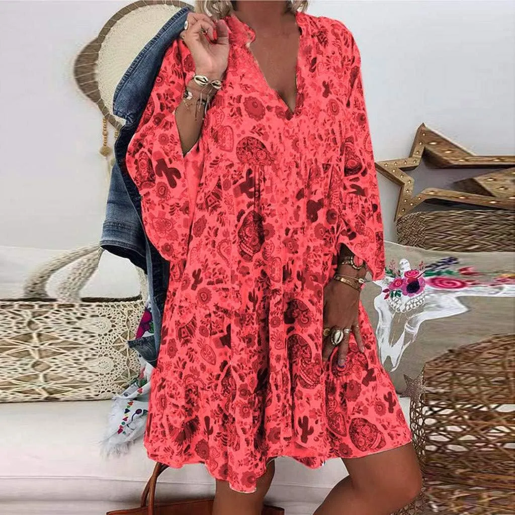 Women Casual Summer Sundress Midi Boho Floral Print Dresses Pretty Long Sleeve V Neck Smocked Ruffle Blouse Dress
