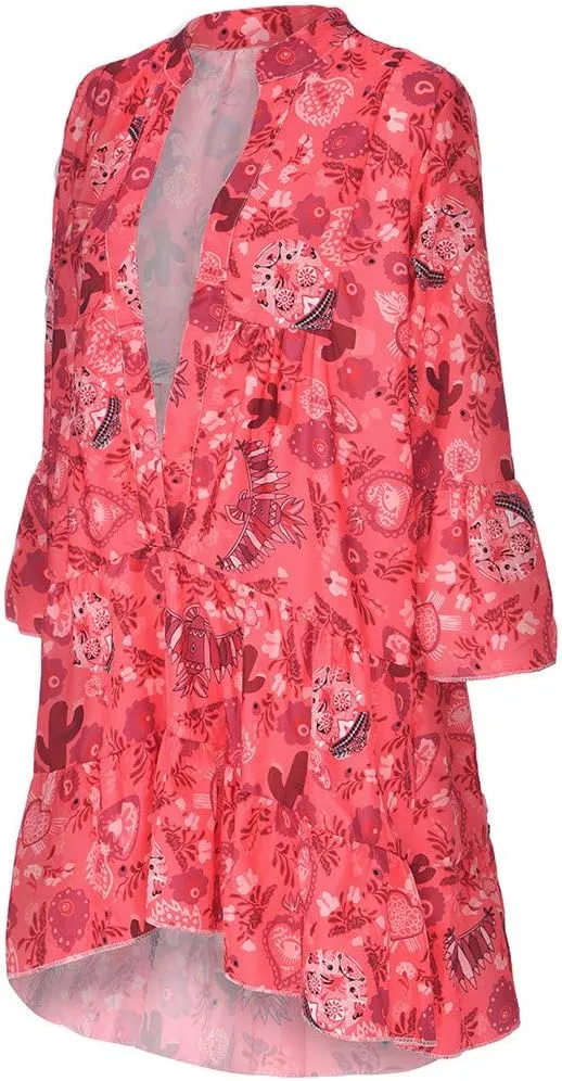 Women Casual Summer Sundress Midi Boho Floral Print Dresses Pretty Long Sleeve V Neck Smocked Ruffle Blouse Dress