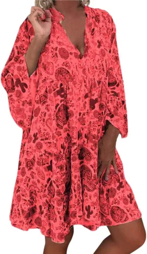 Women Casual Summer Sundress Midi Boho Floral Print Dresses Pretty Long Sleeve V Neck Smocked Ruffle Blouse Dress