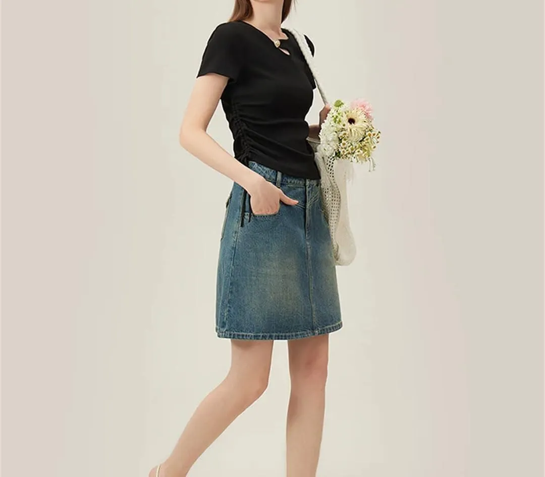 Women Denim Skirt A-Line High Waisted Short Casual Solid Slim Fit Skirt
