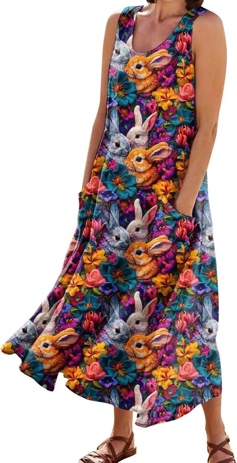 Women Easter Dress with Pockets Wide Skirt Floral Easter Eggs Friends' Gathering Spring Dress Stylish Fresh Natural Dress