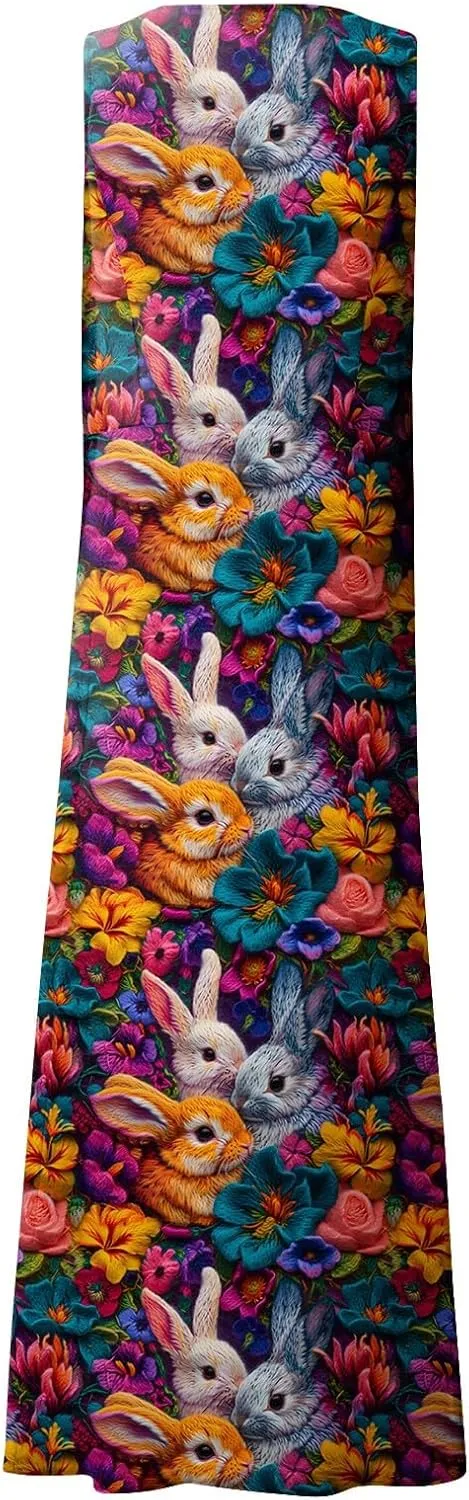 Women Easter Dress with Pockets Wide Skirt Floral Easter Eggs Friends' Gathering Spring Dress Stylish Fresh Natural Dress