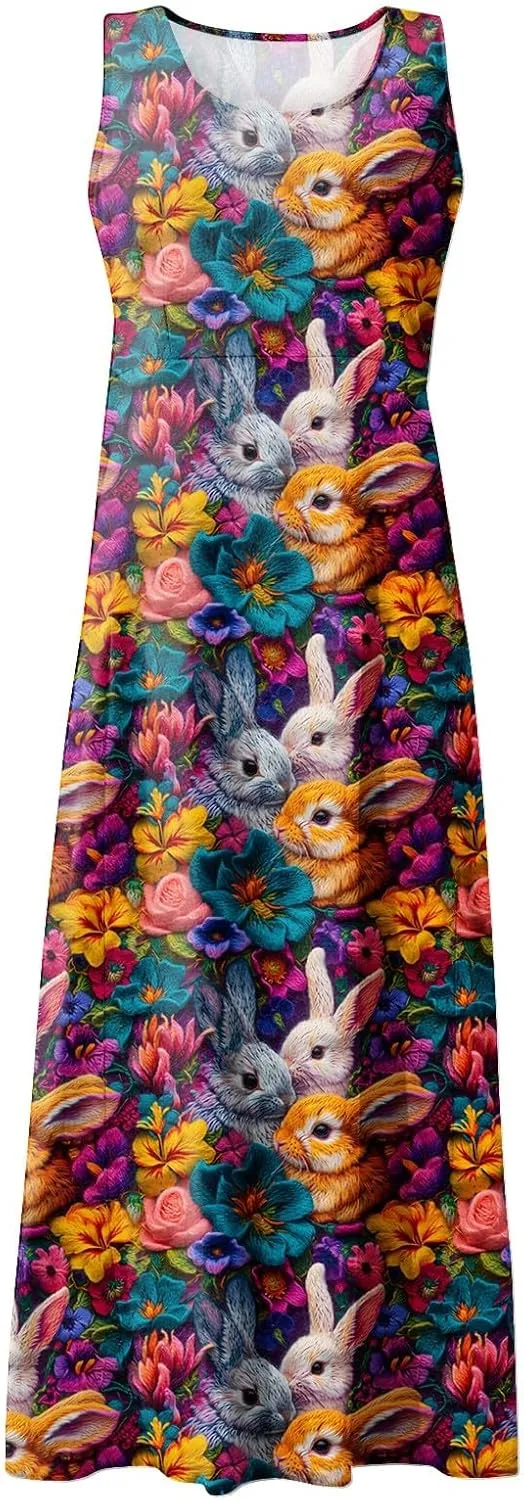 Women Easter Dress with Pockets Wide Skirt Floral Easter Eggs Friends' Gathering Spring Dress Stylish Fresh Natural Dress