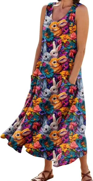 Women Easter Dress with Pockets Wide Skirt Floral Easter Eggs Friends' Gathering Spring Dress Stylish Fresh Natural Dress
