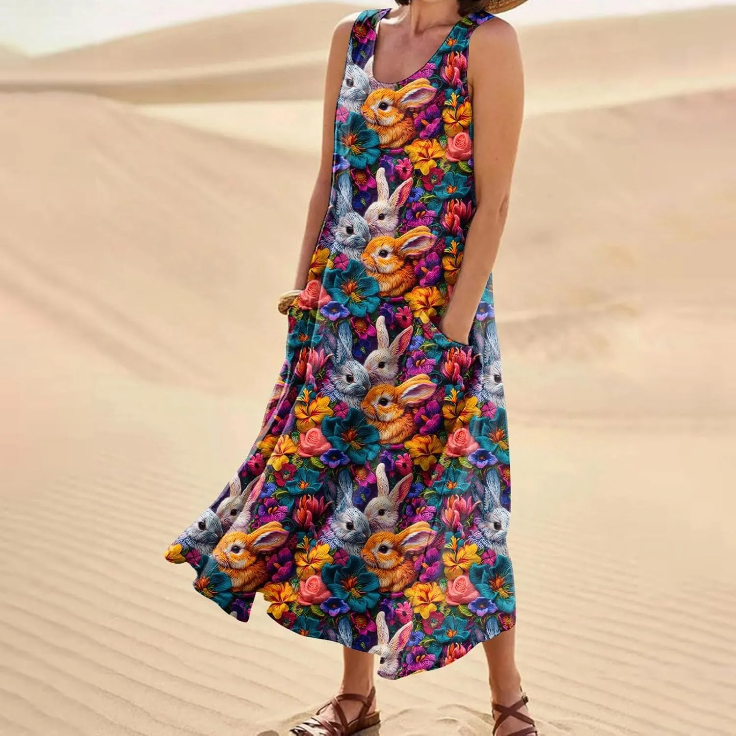 Women Easter Dress with Pockets Wide Skirt Floral Easter Eggs Friends' Gathering Spring Dress Stylish Fresh Natural Dress